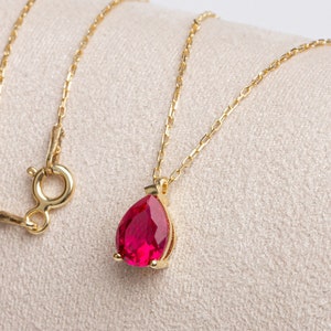 Drop Ruby Necklace 14K Solid Gold, Teardrop July Birthstone Necklace, Dainty Gift for Graduation or Christmas, Gift for Valentine&#39;s and Wife