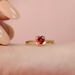 Garnet Heart Shaped 14K Solid Gold Ring, January Birthstone Jewelry, Dainty Birthday, Christmas or Valentine's Day Rings, Gift for Women