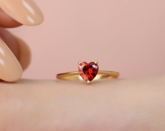 Garnet Heart Cut Ring, 14K 10K 8K Solid Gold, January Birthstone Jewelry