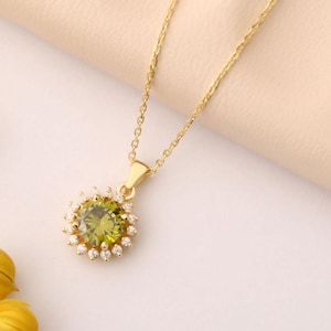 14K Solid Gold Peridot Round Necklace with Real Diamond Halo - August Birthstone Pendant