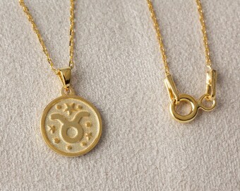Taurus Necklace, Minimalist Zodiac Sign Pendant, 14K 10K 8K Solid Gold