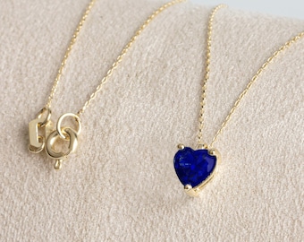 Saphir Herz Halskette 14K Massivgold, Minimalistische Liebeskette, Perfektes Geschenk für Muttertag - Freundin - Frau