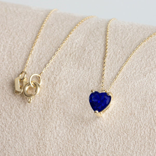 Sapphire Heart Necklace 14K Solid Gold, Minimalist Love Necklace, Perfect Gift for Mother's Day - Girlfriend - Wife