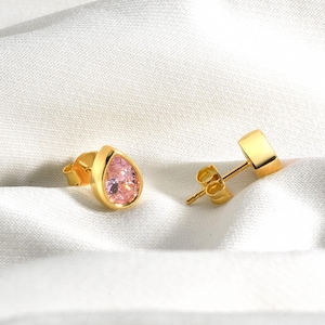 Pink Tourmaline 14K Solid Gold Bezel Drop Stud Earrings, October Birthstone Teardrop Jewelry, Valentines Earrings, Elegant Christmas Gift