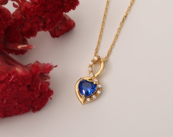 Sapphire Infinity Heart Necklace with Real Diamond, 14K Solid Gold, Infinity Sapphire Heart Pendant, Perfect Gift for Mother's Day