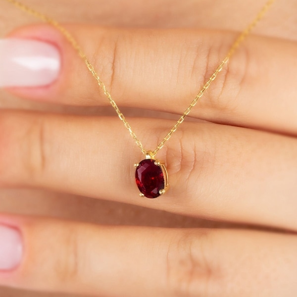 Oval Cut Garnet Necklace 14K Solid Gold, January Birthstone Necklace, Perfect Gift for Mother's Day - Girlfriend - Wife