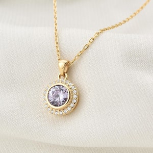 Alexandrite Round 14K Solid Gold Bezel Necklace: June Birthstone Real Diamond Halo Pendant