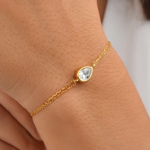 14K Solid Gold White Topaz Bezel Drop Bracelet - April Birthstone - Wedding Jewelry
