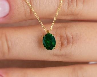 Oval Cut 14K Solid Gold Emerald Necklace, May Birthstone Necklace, Perfect Gift for Mother's Day - Girlfriend - Wife