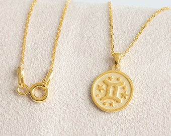 Gemini Zodiac Necklace, Horoscope Symbol Pendant, 14K 10K 8K Solid Gold
