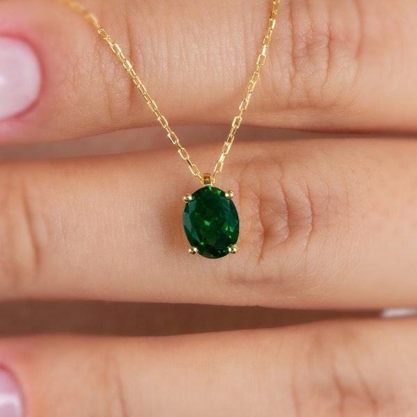 Oval Cut 14K Solid Gold Emerald Necklace, May Birthstone Necklace, Perfect Gift for Mother's Day - Girlfriend - Wife