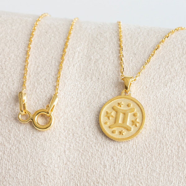 Collar de oro macizo de 14k con signo del zodiaco Géminis, collar minimalista con símbolo del horóscopo, regalo perfecto para el día de la madre - novia - esposa