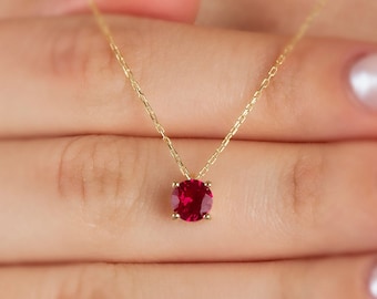 Round Ruby Necklace 14K Solid Gold, July Birthstone Necklace, Woman Jewelry, Perfect Gift for Mother's Day - Girlfriend - Wife