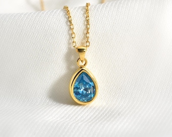 Blue Topaz Teardrop Pendant, December Birthstone 14K Solid Gold Bezel Necklace