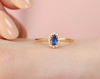 Elegant 14K Solid Gold Sapphire Ring, Oval Real Diamond September Birthstone, Perfect Birthday or Anniversary or Engagement Gift for Her