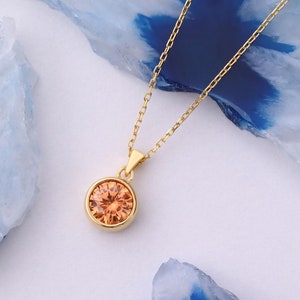 Citrine Round Bezel Pendant Necklace,14K Solid Gold Choker for Elegant Layering, November Birthstone Charm Gift for Christmas or Anniversary