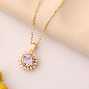 Alexandrite 14K Solid Gold Pendant Necklace: June Birthstone Real Diamond Halo Jewelry