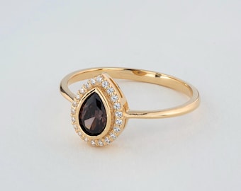 Smoky Quartz Bezel Drop Ring with Real Diamond Halo, 14K 10K 8K Solid Gold