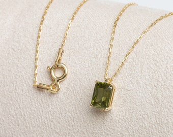 Rectangle Gold Peridot Necklace 14K Solid, August Birthstone Necklace, Perfect Gift for Mother's Day - Girlfriend - Wife