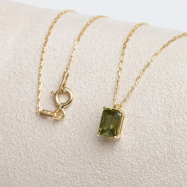 Rectangle Gold Peridot Necklace 14K Solid, August Birthstone Necklace, Perfect Gift for Mother's Day - Girlfriend - Wife