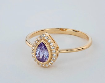 Alexandrite Teardrop Ring, 14K 10K 8K Solid Gold, Real Diamond Bezel June Birthstone