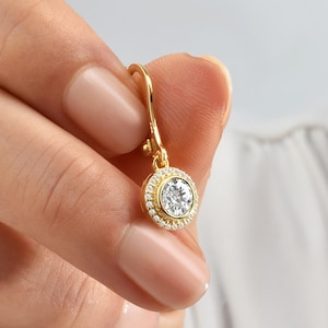 White Topaz Round 14K Solid Gold Dangle Earrings with Real Diamonds, Bezel April Birthstone