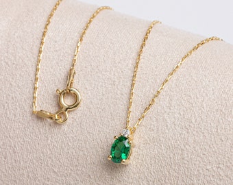 Real Diamond Oval Cut Emerald Necklace, 14K Solid Gold, Minimalist Birthstone Necklace, Perfect Gift for Mother's Day - Girlfriend - Wife