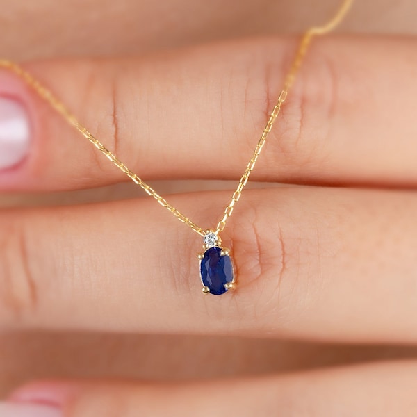 Real Diamond Oval Cut Sapphire Necklace 14K Solid Gold, Minimalist Oval Birthstone Necklace, Perfect Gift for Mother's Day - Wife