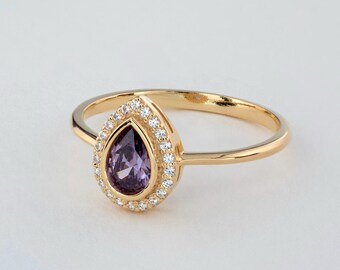 Teardrop Amethyst Ring with Real Diamond Halo, February Birthstone, 14K 10K 8K Solid Gold