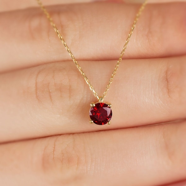 Round Garnet Necklace 14K Solid Gold, January Birthstone Necklace, Perfect Gift for Mother's Day - Girlfriend - Wife