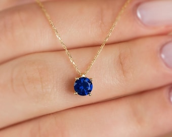 Round Sapphire Necklace 14K Solid Gold, September Birthstone Necklace, Perfect Gift for Mother's Day - Girlfriend - Wife