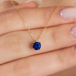 Round Sapphire Necklace 14K Solid Gold, September Birthstone Necklace, Perfect Gift for Mother's Day - Girlfriend - Wife