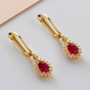 Ruby Real Diamond Surrounded Drop Cut Dangle Earrings, Chic 14K Solid Gold July Birthstone Jewelry, Special Christmas - Anniversary Gift
