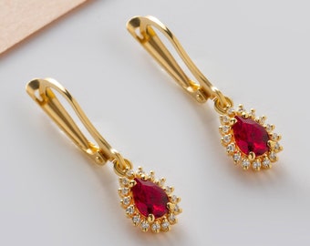 Ruby Drop 8K 10K 14K Solid Gold Real Diamond Dangle Earrings, July Birthstone Jewelry