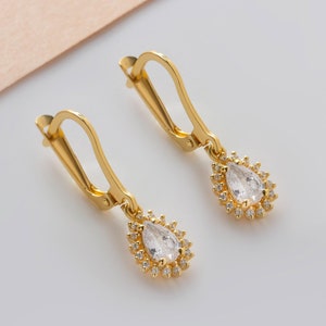 White Topaz Real Diamond Surrounded Drop Cut Dangle Earrings, 14K Solid Gold April Birthstone Jewelry, Wedding - Christmas - Birthday Gift