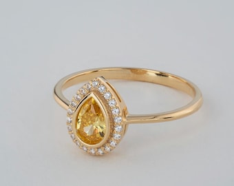 Yellow Topaz Bezel Ring Real Diamond Halo, Drop Shape, 14K 10K 8K Solid Gold