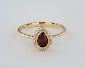 Garnet Drop Ring, Real Diamond Bezel, January Birthstone, 14K 10K 8K Solid Gold