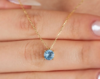 Round 14K Solid Gold Aquamarine Necklace, Anniversary Gift, March Birthstone Necklace, Perfect Gift for Mother's Day - Girlfriend - Wife