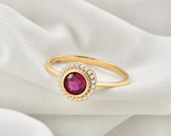 14K Solid Gold Ruby Ring with Real Diamond Halo - July Birthstone - Round Ring