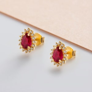 Ruby Real Diamond Surrounded Drop Cut Stud Earrings, Unique 14K Solid Gold July Birthstone Jewelry, Handmade Anniversary or Christmas Gift