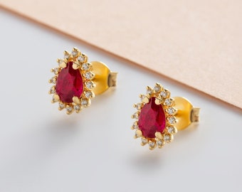 Ruby Real Diamond Halo Drop Stud Earrings, 14K Solid Gold July Birthstone