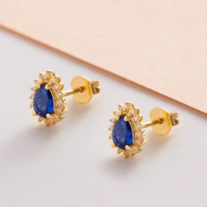 Sapphire Real Diamond Surrounded Drop Cut Stud Earrings, Chic 14K Solid Gold September Birthstone Jewelry, Christmas or Birth Month Gift