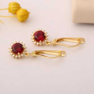 Round Ruby 14K Solid Gold Dangle Earrings Surrounded by Real Diamonds, Perfect for Elegant Anniversary, Christmas or July Birthstone Gift