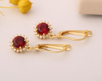 Ruby Round 8K 10K 14K Solid Gold Dangle Earrings with Real Diamond Halo, July Birthstone Jewelry