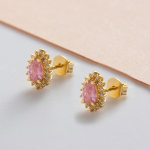 Boucles d&#39;oreilles gouttes en tourmaline rose entourées de vrais diamants, élégants bijoux en or massif 14 carats avec pierre de naissance d&#39;octobre, cadeau de Noël fait main