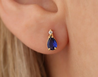 Solitaire Real Diamond Teardrop Sapphire Stud Earring, 14K Solid Gold Drop Earring,Christmas Gift,September Birthstone Jewelry, Gift for her