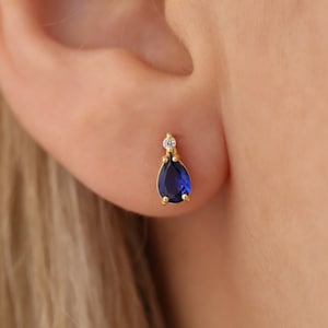 Solitaire Real Diamond Teardrop Sapphire Stud Earring, 14K Solid Gold Drop Earring,Christmas Gift,September Birthstone Jewelry, Gift for her