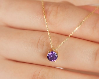 Round Amethyst Necklace 14K Solid Gold, Anniversary Gift, February Pendant, Perfect Gift for Mother's Day - Girlfriend - Wife