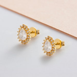 White Topaz Real Diamond Surrounded Drop Cut Stud Earrings, 14K Solid Gold April Birthstone Jewelry, Christmas Gift, Wedding - Bride Jewelry