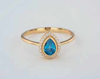 Teardrop Blue Topaz Ring, 14K 10K 8K Solid Gold Real Diamond Halo, June Birthstone